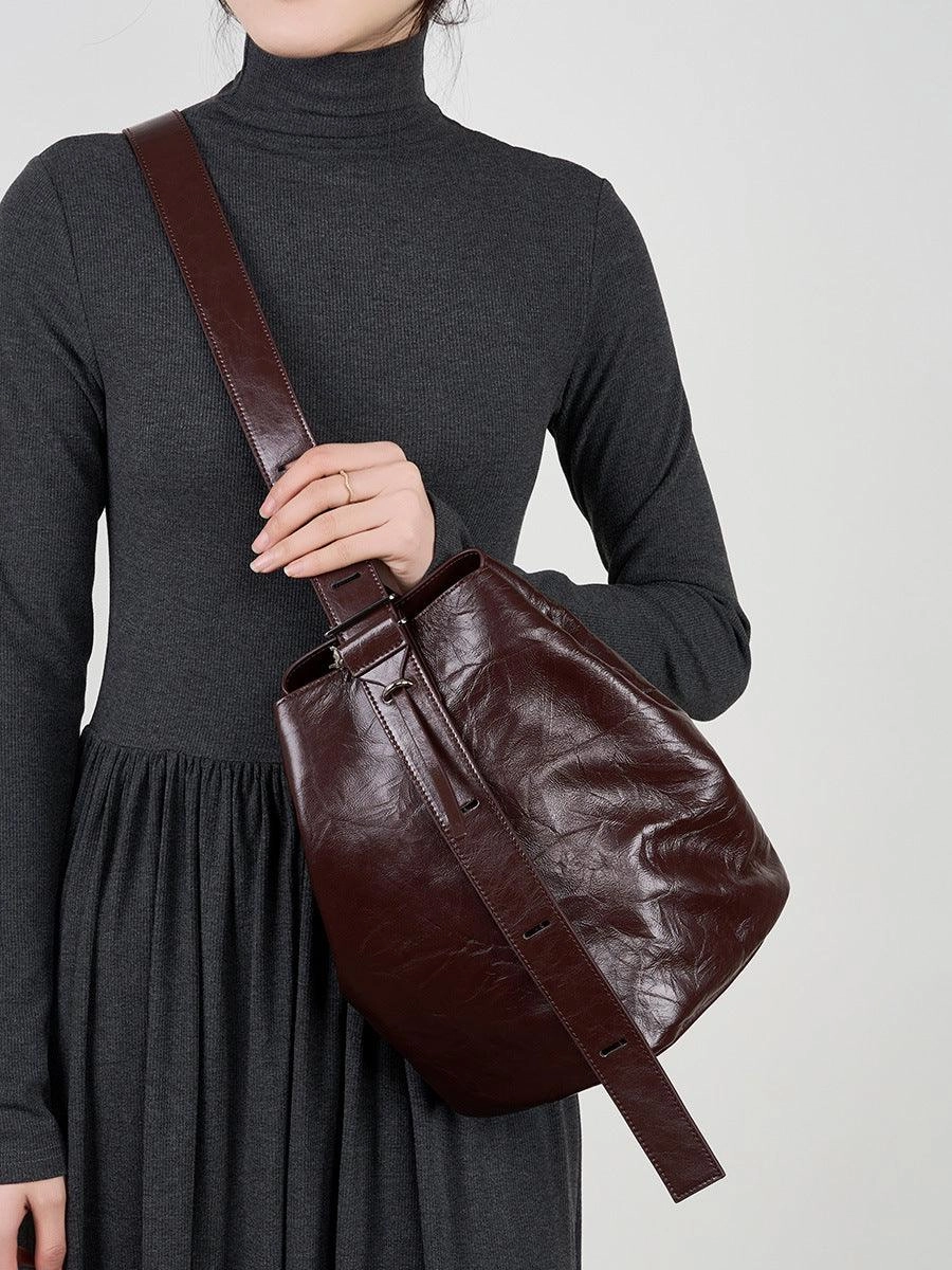 Daily Companion Contemporary Touch 2024 Minimalist Genuine Leather Bucket Bag for Women, Handcrafted Cowhide Leather Shoulder & Crossbody Pleated Design