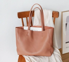 Handcrafted Leather Tote Bag | Grain Leather Large Tote Bag | Classic Everyday Bag, Birthday gift for her, Coral Pink Portable Travel