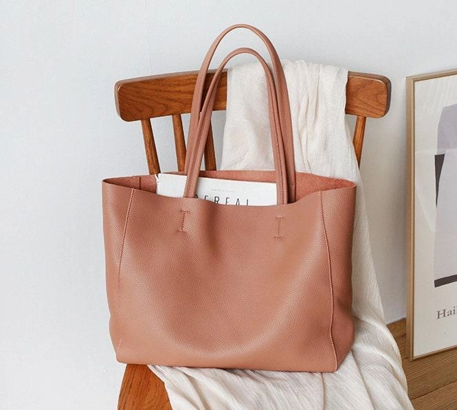 Handcrafted Leather Tote Bag | Grain Leather Large Tote Bag | Classic Everyday Bag, Birthday gift for her, Coral Pink Portable Travel