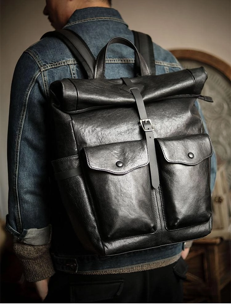 Men??s Full Grain Leather Roll Top Backpack, Handcrafted Vintage Italian Cowhide Laptop, Travel, and Work Bag Compact Storage Compact Durability