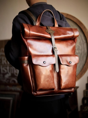 Men??s Full Grain Leather Roll Top Backpack, Handcrafted Vintage Italian Cowhide Laptop, Travel, and Work Bag Workday Essential