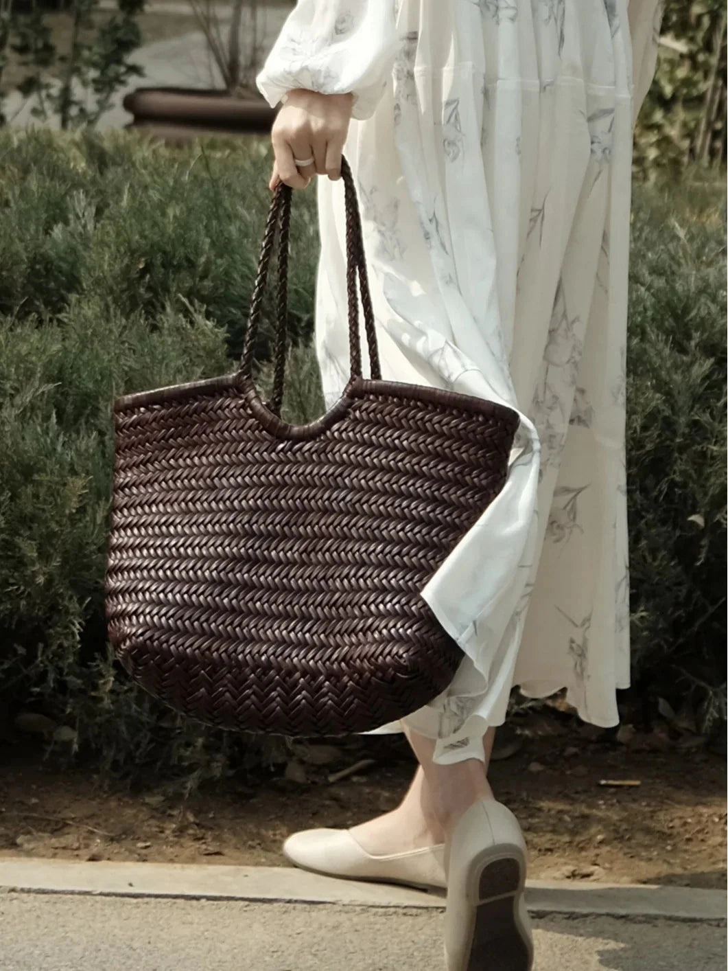 Urban Functionality Handmade Woven Leather Tote Bag, Full Grain Leather Hand Woven Triple Jump Bamboo Ladies HoBo Bag, Curve Opening Summer Holiday Basket Bag