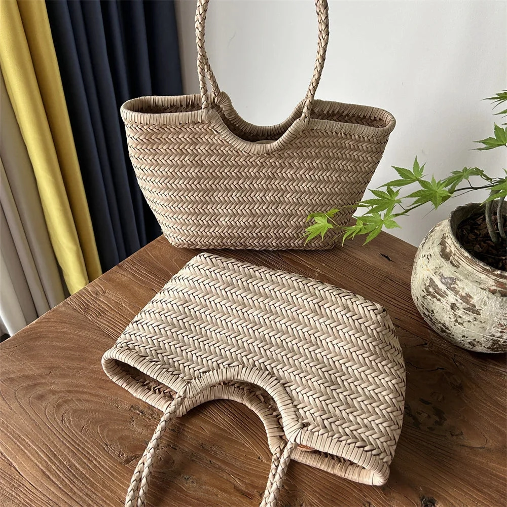 Handmade Woven Leather Tote Bag, Full Grain Leather Hand Woven Triple Jump Bamboo Ladies HoBo Bag, Curve Opening Summer Holiday Basket Bag Minimalist Reliability