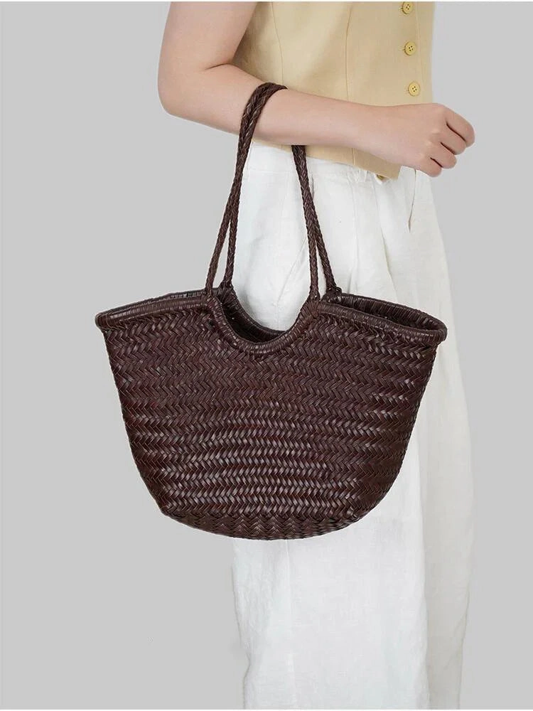 Minimalist Function Lightweight Functionality Handmade Woven Leather Tote Bag, Full Grain Leather Hand Woven Triple Jump Bamboo Ladies HoBo Bag, Curve Opening Summer Holiday Basket Bag