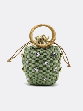 Light Commuter Bag Daytime Casual Style Luna Mini Gem-Embellished Bucket Bag ?C Woven Handle Purse