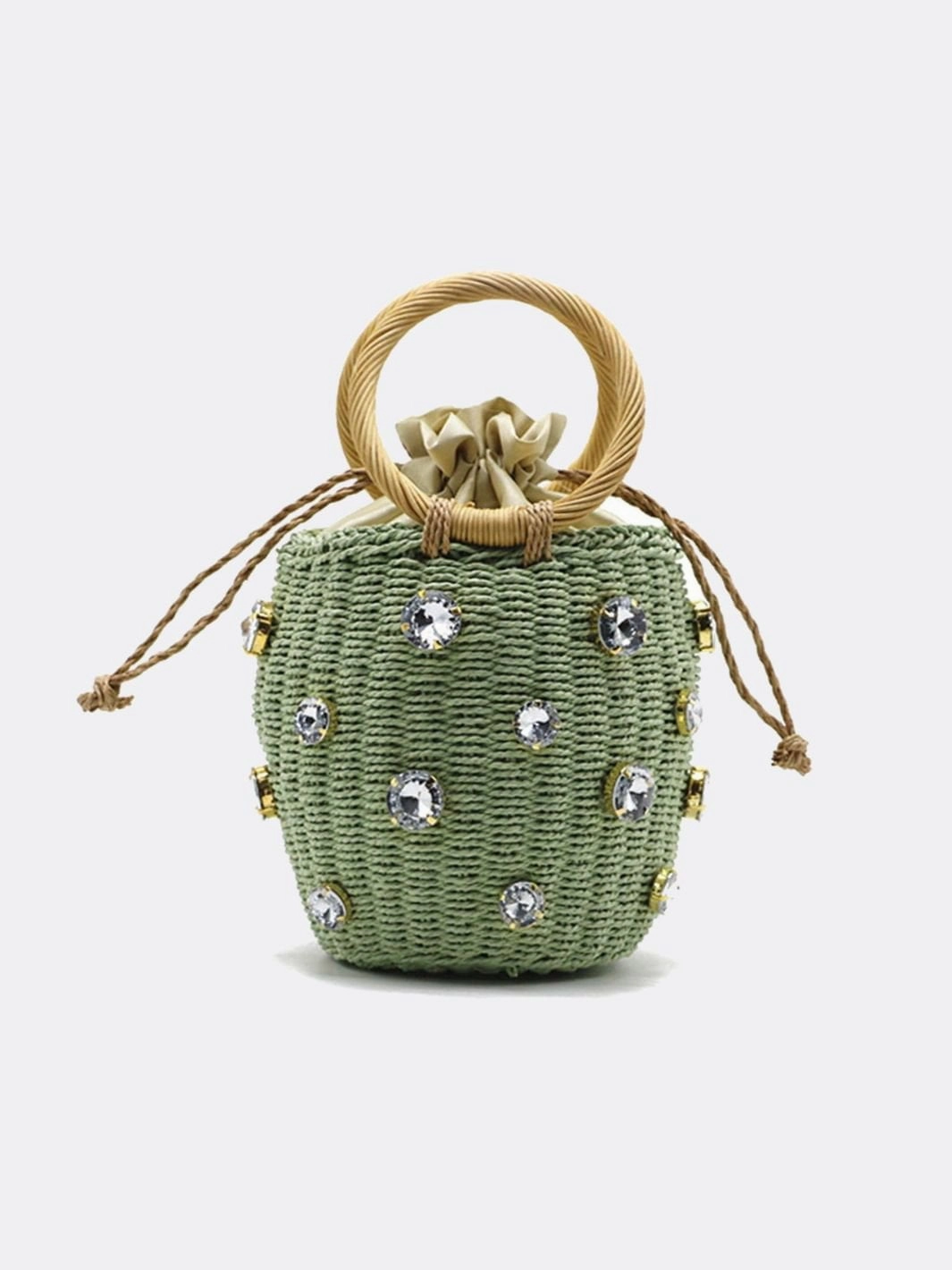 Luna Mini Gem-Embellished Bucket Bag ?C Woven Handle Purse Practical Scene Outdoor Fashion