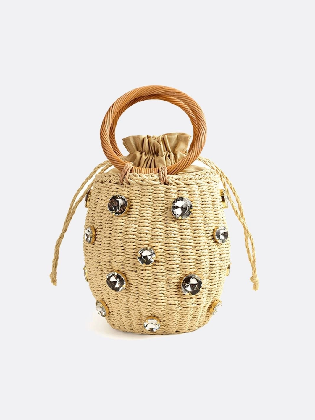 Refined Modern Look Lightweight Carryall Luna Mini Gem-Embellished Bucket Bag ?C Woven Handle Purse