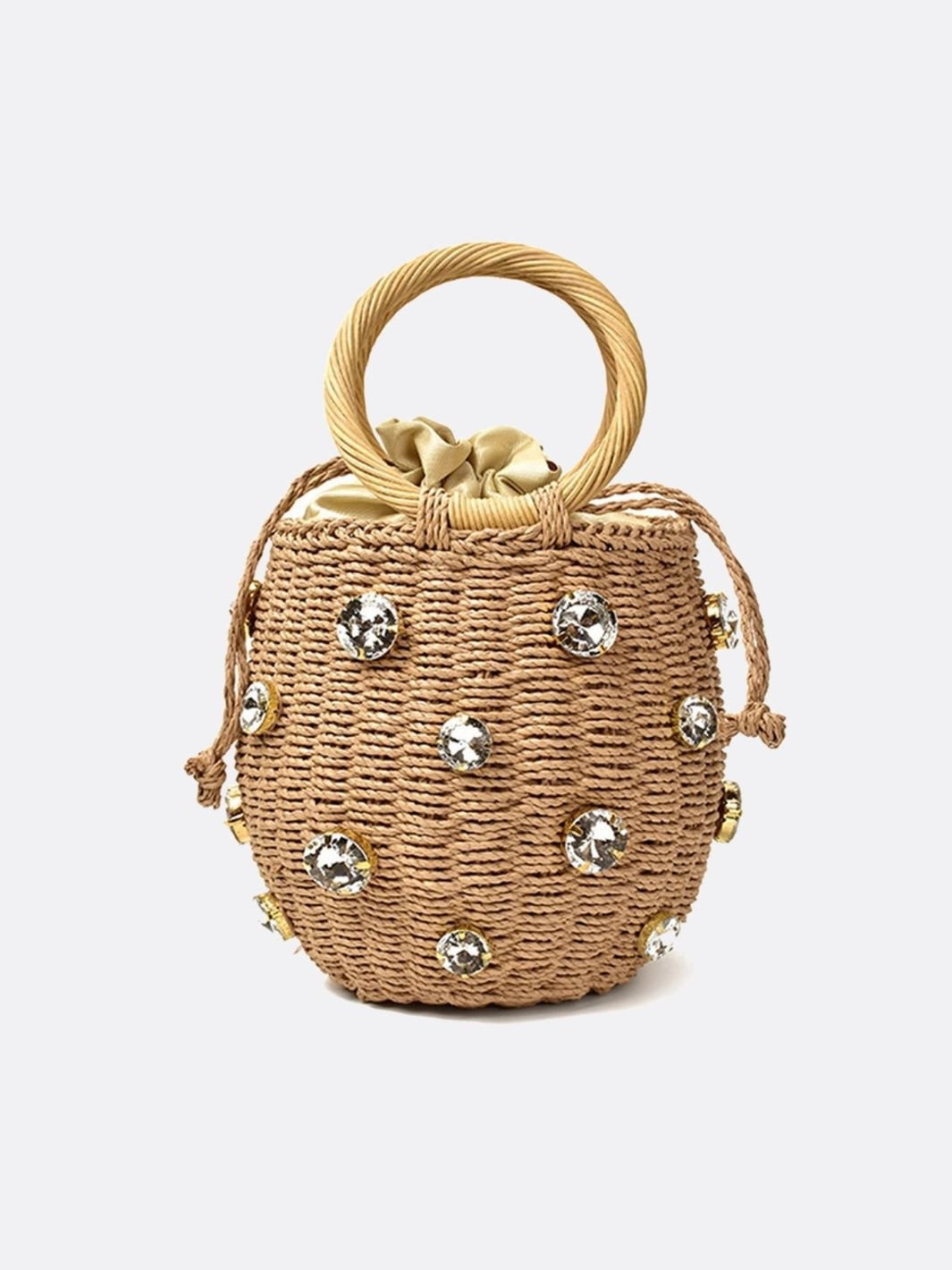 Luna Mini Gem-Embellished Bucket Bag ?C Woven Handle Purse Personalized Tote