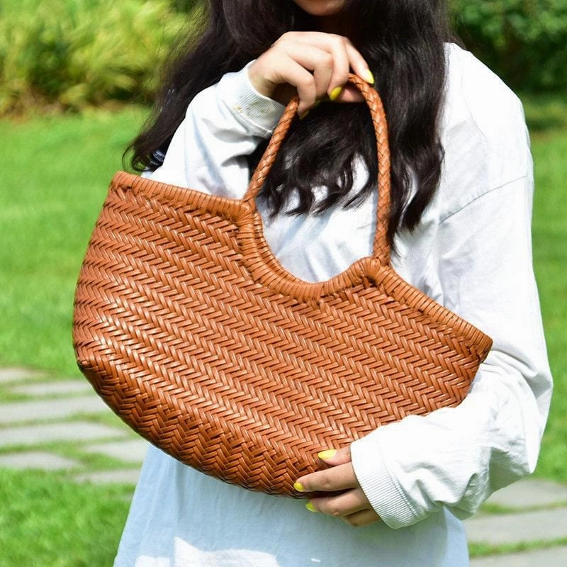 Handcrafted Woven Leather Tote Bag, Leather Hand Woven Triple Jump Bamboo Style Ladies HOBO Bag, Summer Holiday Bag, Women Woven Bag simple design