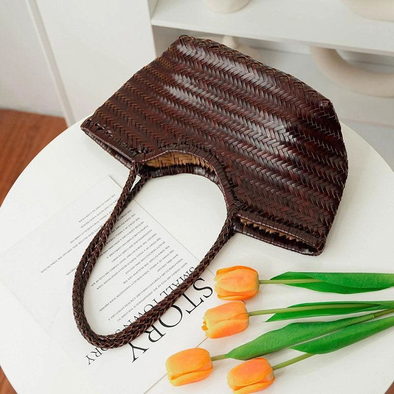 Outdoor Adventure Gear Handcrafted Woven Leather Tote Bag, Leather Hand Woven Triple Jump Bamboo Style Ladies HOBO Bag, Summer Holiday Bag, Women Woven Bag