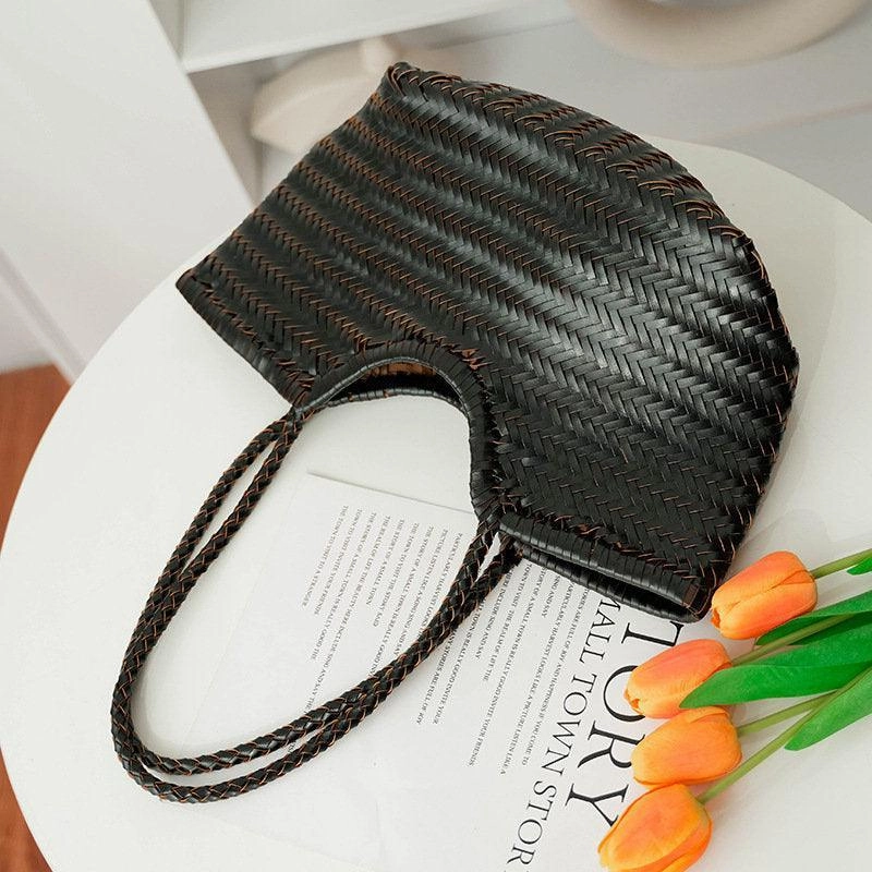 Handcrafted Woven Leather Tote Bag, Leather Hand Woven Triple Jump Bamboo Style Ladies HOBO Bag, Summer Holiday Bag, Women Woven Bag Fashion Simplicity