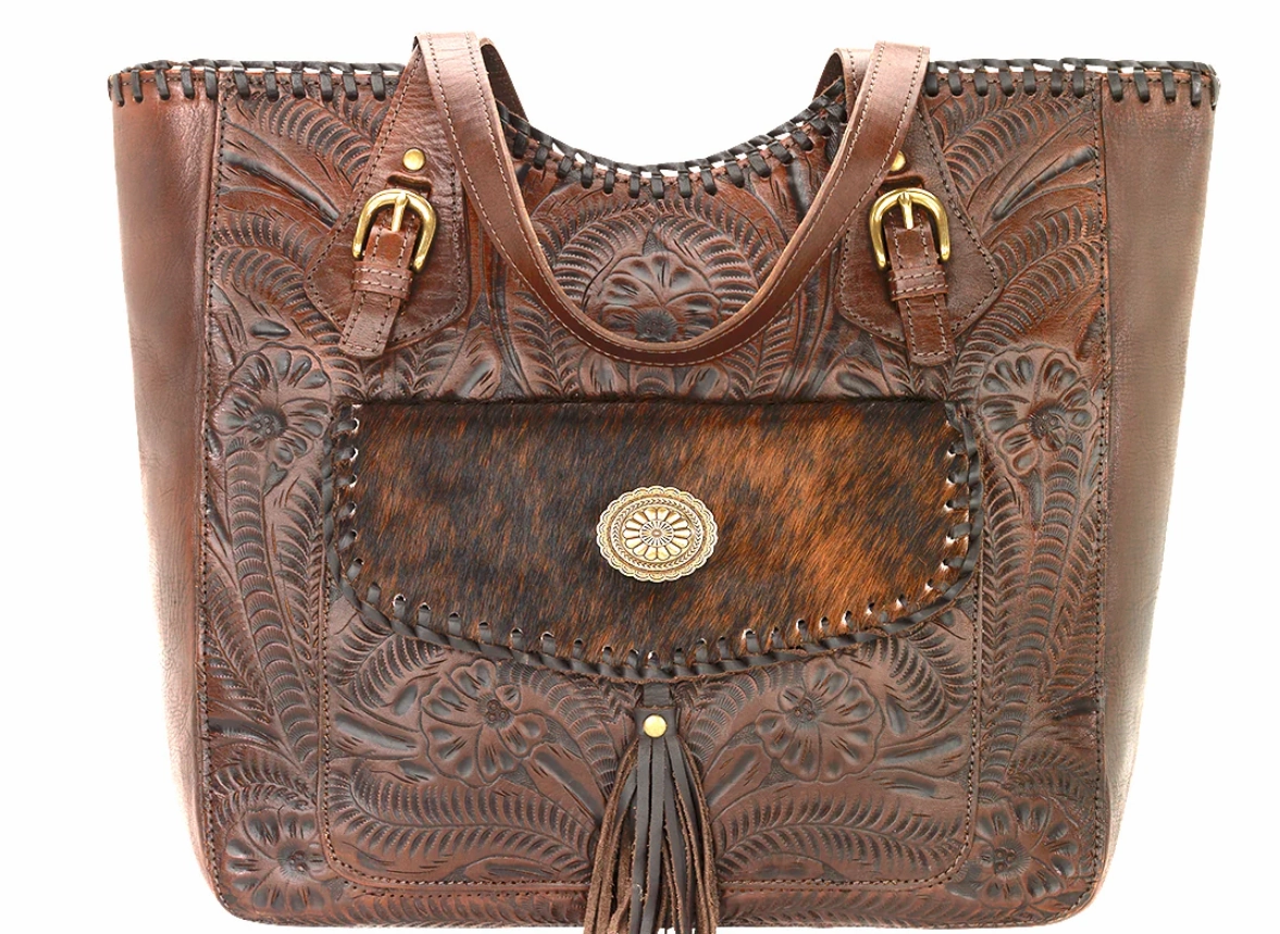 Classic Symmetry Practical Utility American West Handbag Annie's Secret Collection: Leather Zip Top Tote, Western Tooled, Pocket