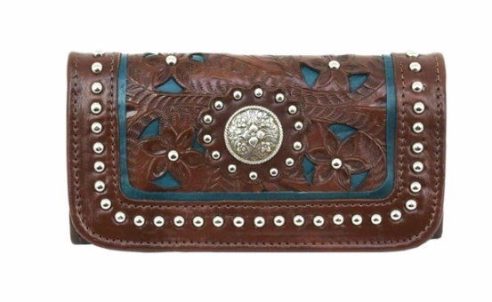 American West Handbag Lady Lace Collection: Leather Tri-Fold Western Wallet Functional Lifestyle