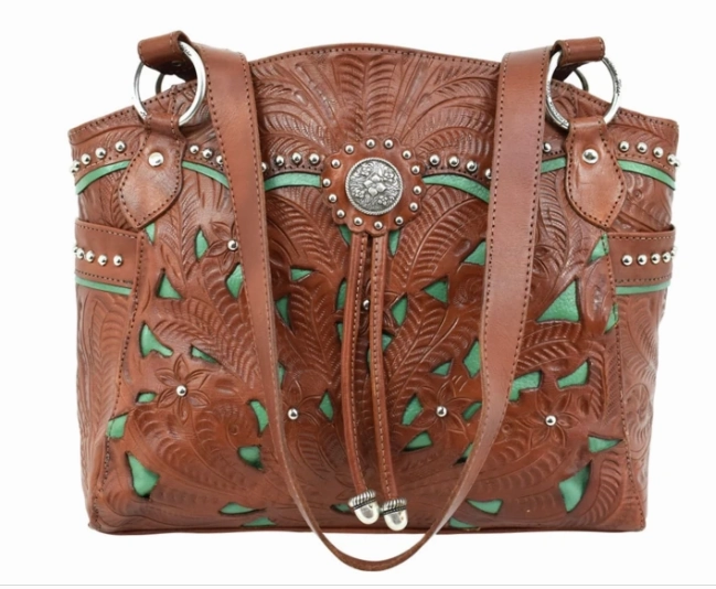 American West Handbag Lady Lace Collection: Leather Western Half Moon Tote Work Routine