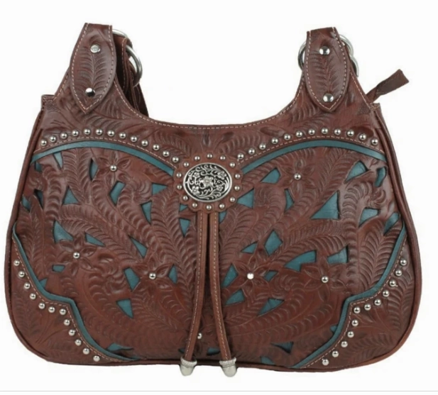 American West Handbag Lady Lace Collection: Leather Western Zip Top 3 Compartment Trendy Design Compact Gear