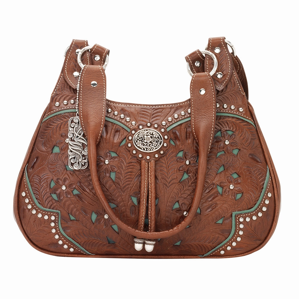American West Handbag Lady Lace Collection: Leather Western Zip Top 3 Compartment Travel Companion Sophisticated Design