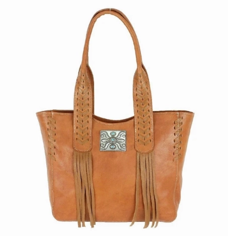 American West Handbag Mohave Collection: Leather Small Zip Top Tote with Fringe Smart Utility Everyday Durability