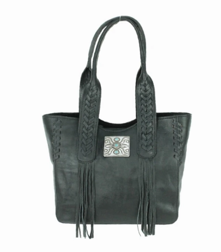 American West Handbag Mohave Collection: Leather Small Zip Top Tote with Fringe Everyday Style Comfort Everyday