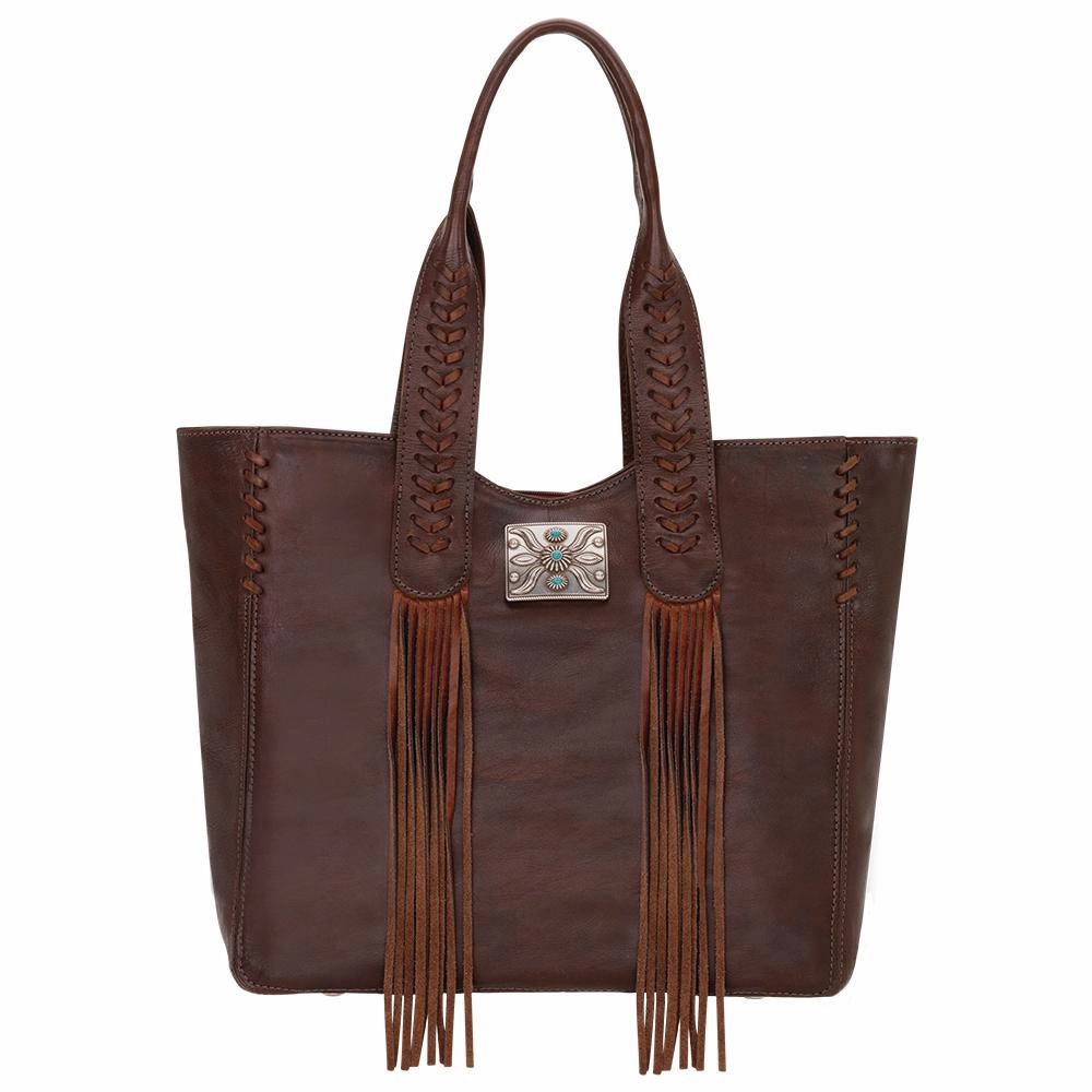 American West Handbag Mohave Collection: Leather Small Zip Top Tote with Fringe Luxury Aesthetic Quick Grab