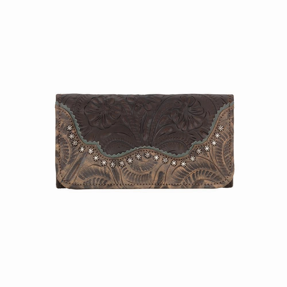 American West Handbag Saddle Ridge Collection: Leather Tri-Fold Western Wallet Functional Design Business Essential