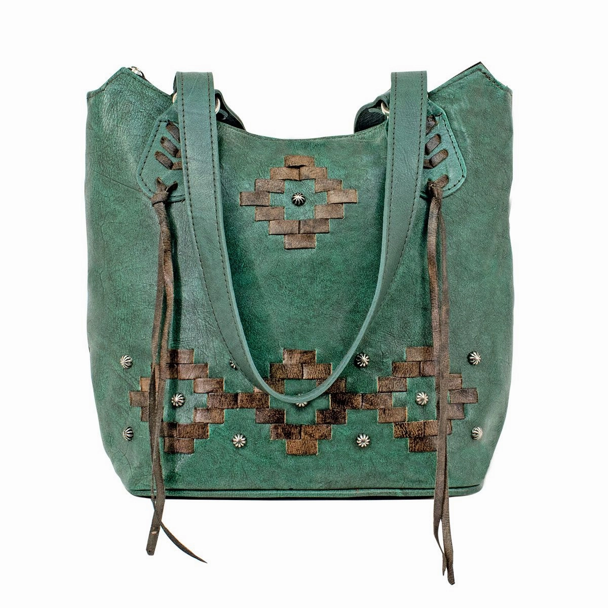 American West Handbag Tribal Weave Collection: Leather Zip Top Bucket Tote Daily Companion