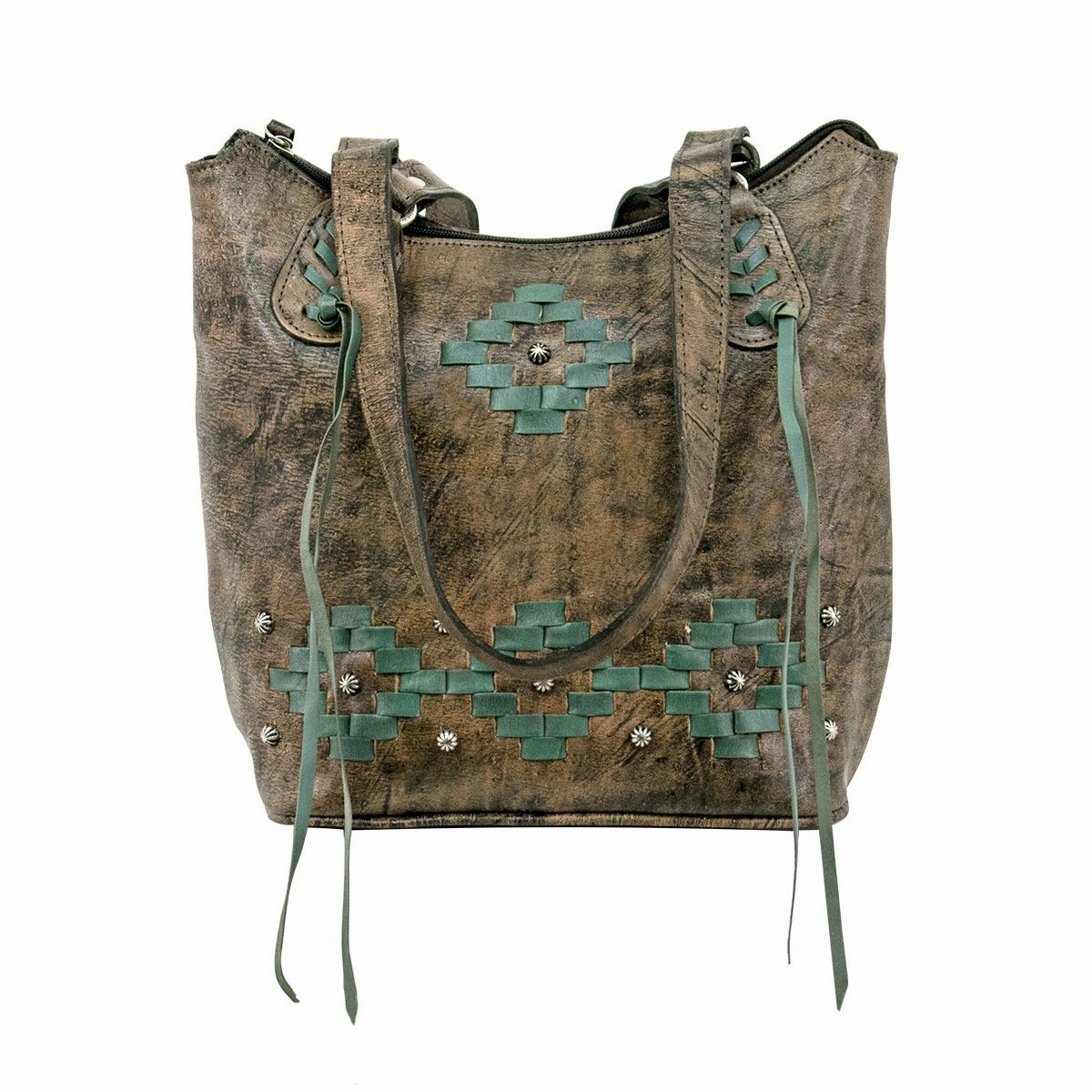Refined Perfection American West Handbag Tribal Weave Collection: Leather Zip Top Bucket Tote