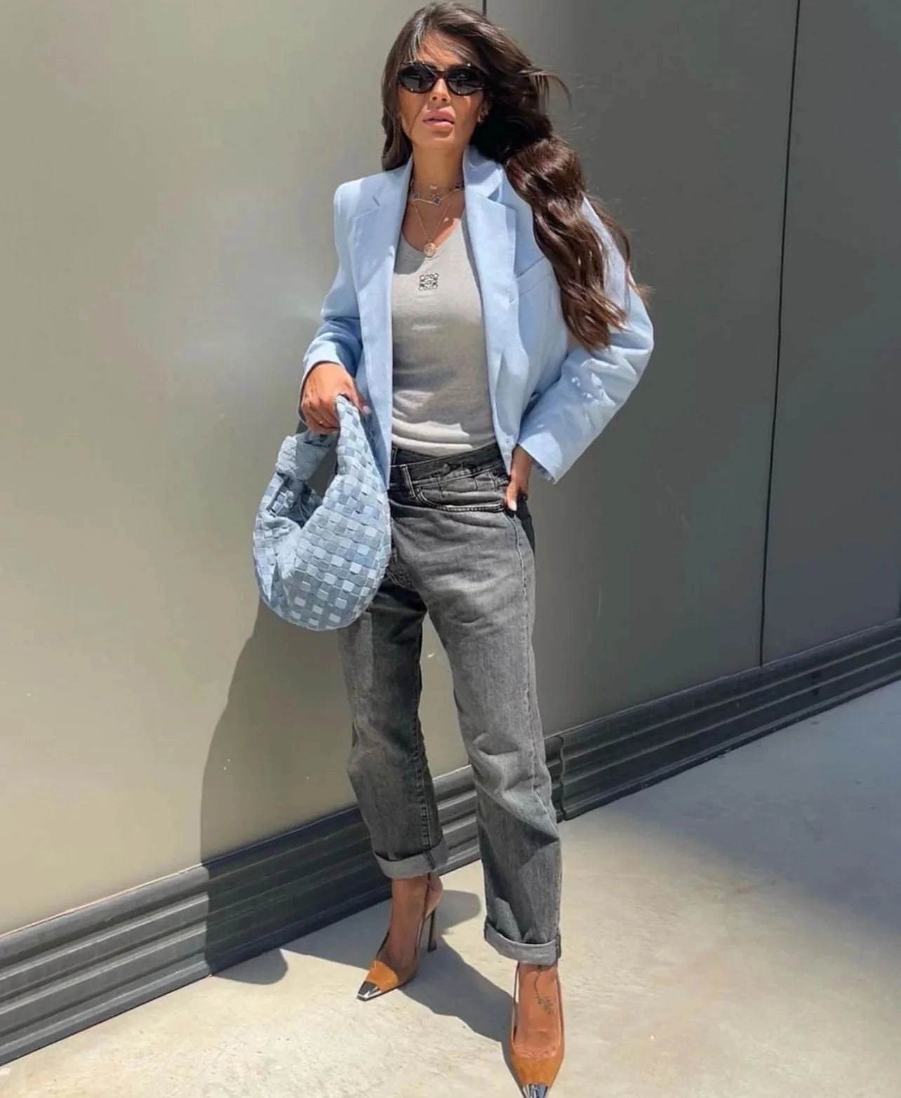 Shoulder Carry magnetic buckle Aurora Woven Lamb Leather Hobo Bag ?C Light Blue Handmade in Italy