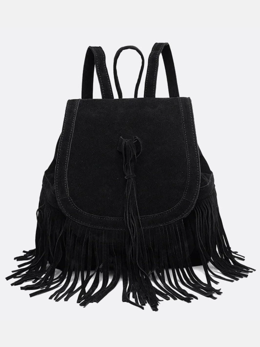 Smart Motion Savannah Fringe Backpack ?C Suede-Effect Drawstring Rucksack with Boho Tassels