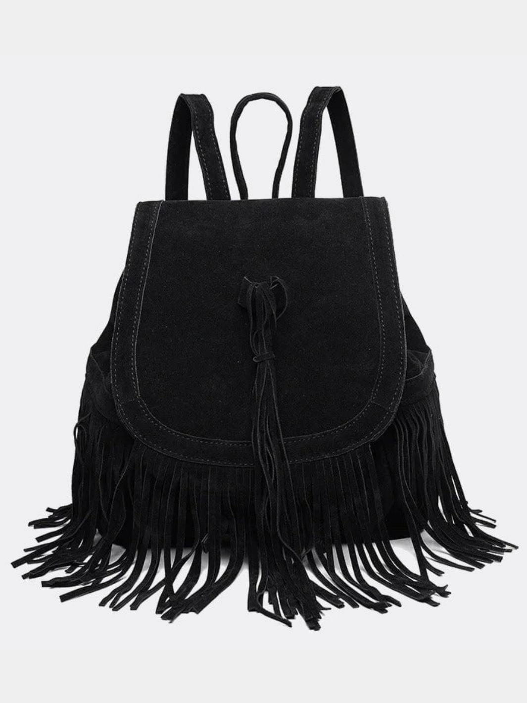 Versatile Function Trendy Choice Savannah Fringe Backpack ?C Suede-Effect Drawstring Rucksack with Boho Tassels