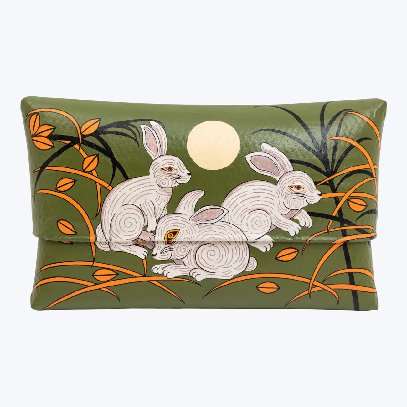 Work Routine Light Touch Bamboo Clutch with Hand-Painted Cheerful Rabbits and Tourmaline