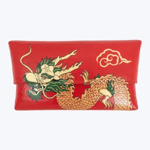 Sophisticated Look Bamboo Clutch with Hand-Painted Dragon and Pink Tourmaline ( Red )