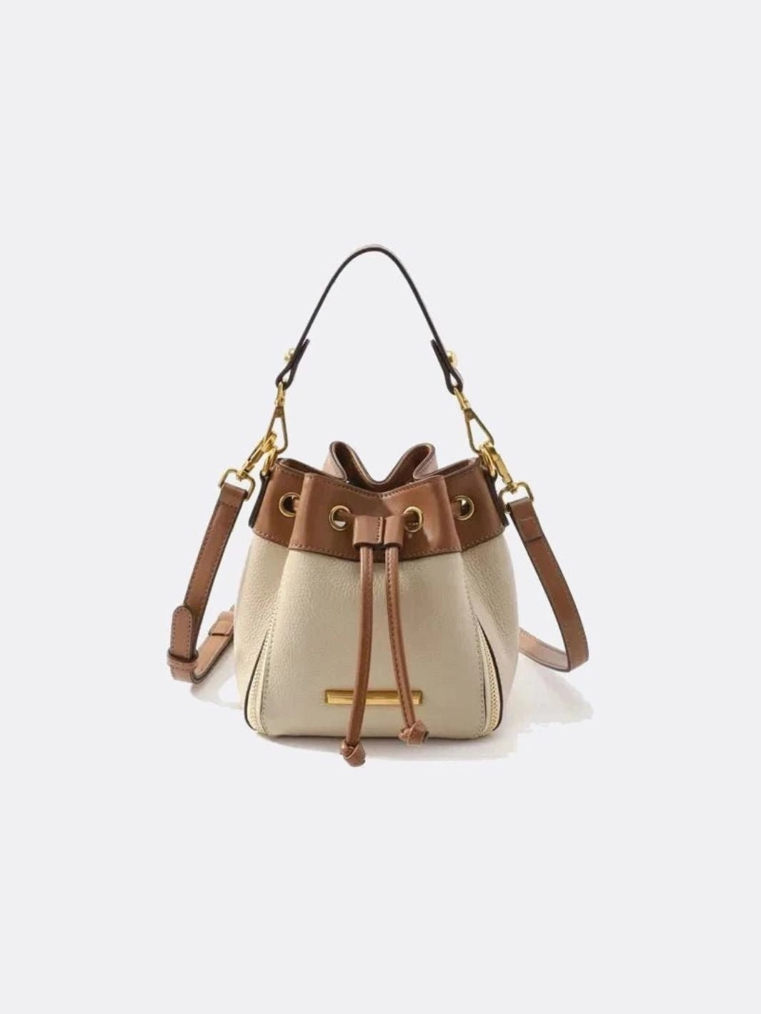 Beige & Brown Drawstring Bucket Bag ?C Two-Tone Faux Leather Handbag Sleek Design