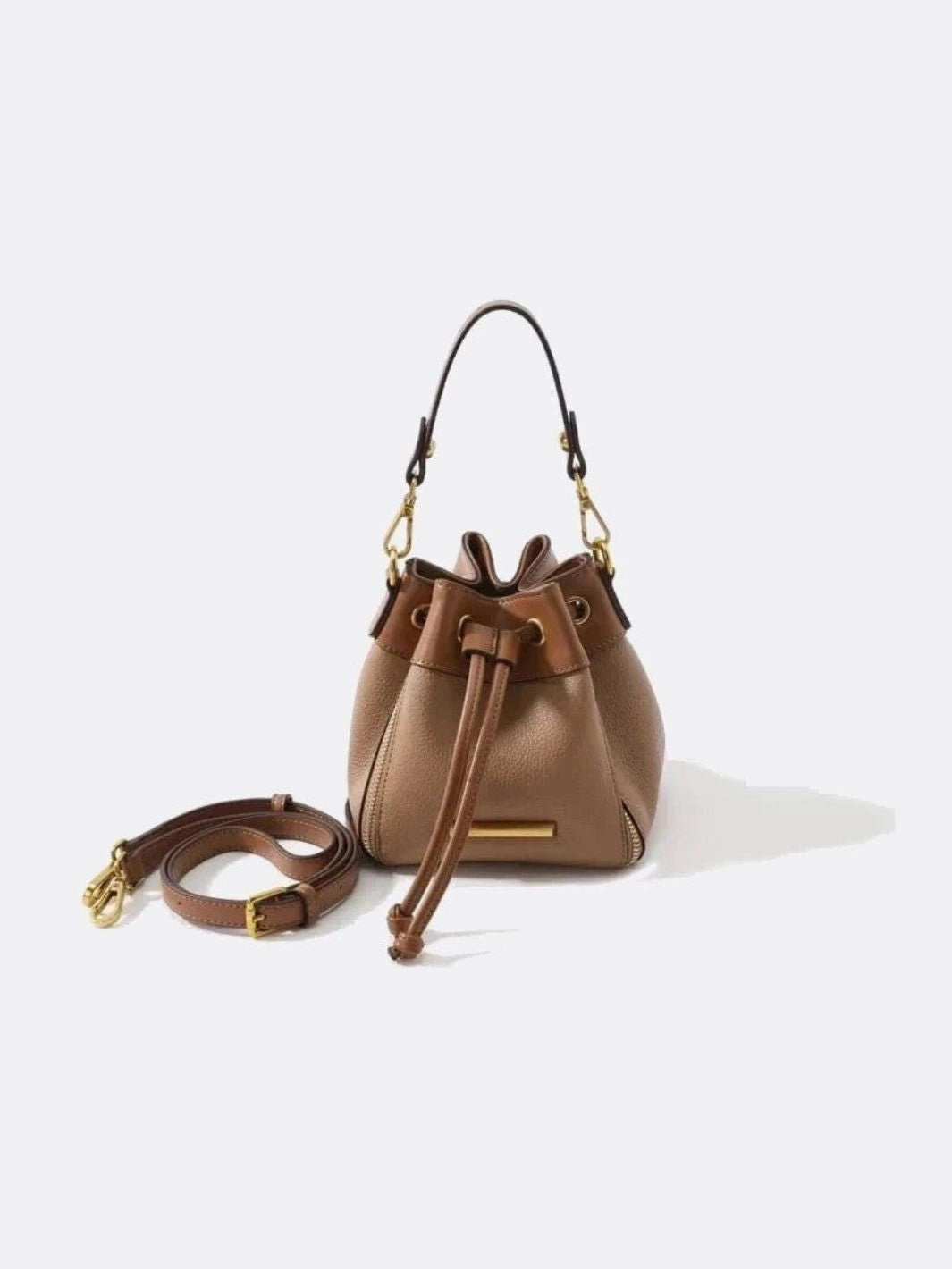 Minimal Carry Beige & Brown Drawstring Bucket Bag ?C Two-Tone Faux Leather Handbag