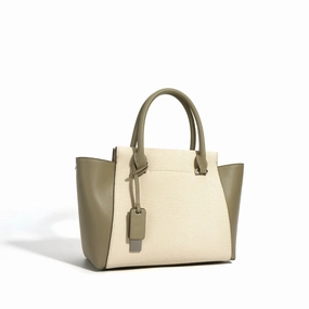 Trendy Outfit Beige Canvas Tote Bag with Genuine Leather ?C Women's Structured Handbag with Magnetic Closure