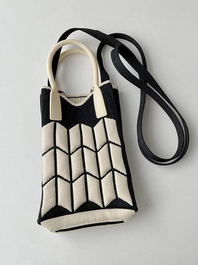 Travel Lifestyle Black & Ivory Contrast Geometric Knit Bag with Silicone Handle and Long Knit Strap