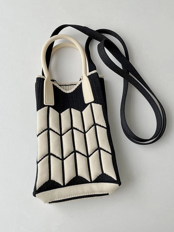 Travel Lifestyle Black & Ivory Contrast Geometric Knit Bag with Silicone Handle and Long Knit Strap