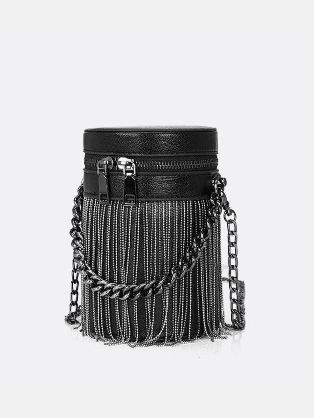 Black Cylinder PU Leather Fringe Bag ?C Edgy, Glam & Statement-Making Functional Detail