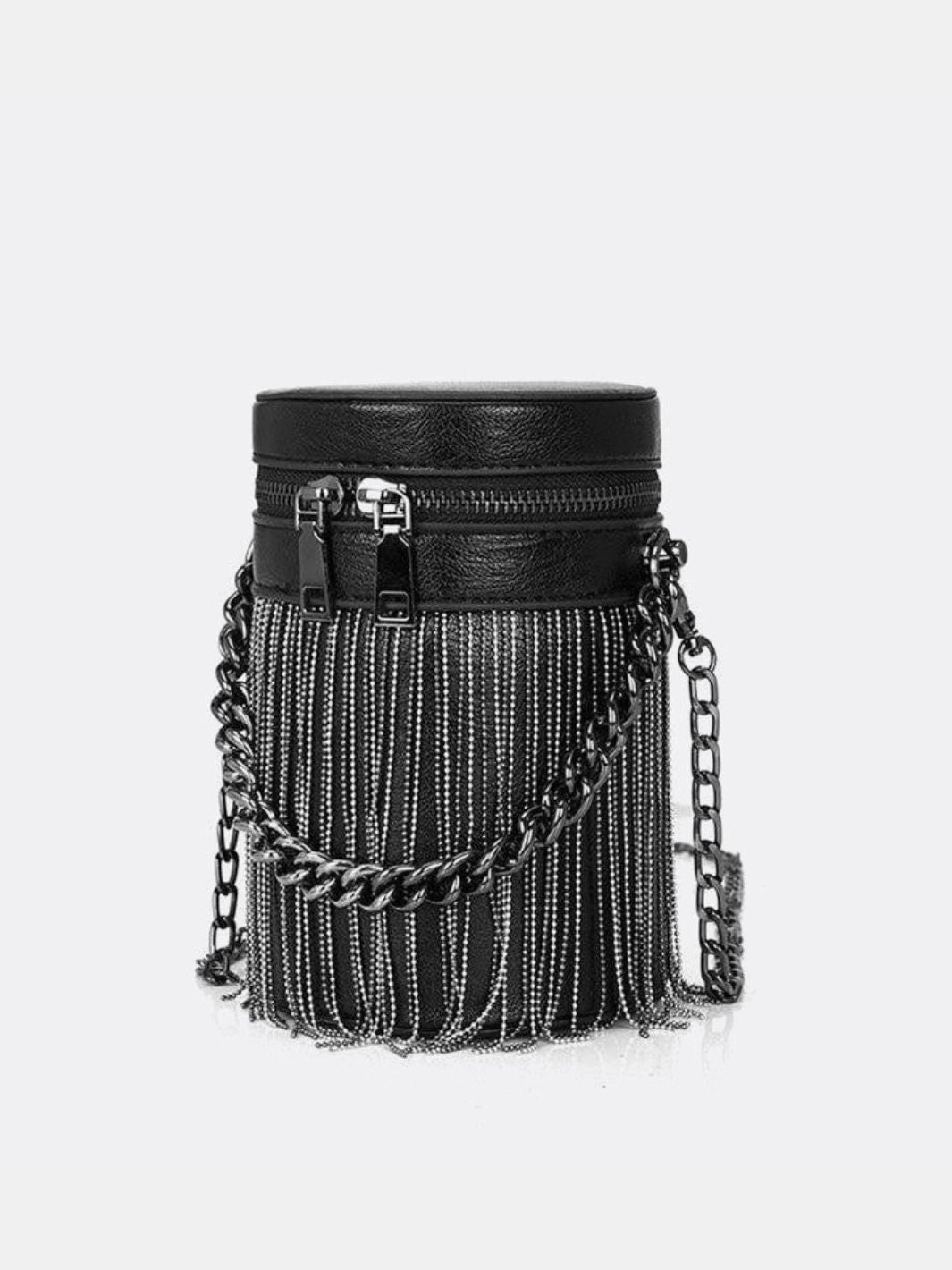 Everyday Use Fashion Forward Black Cylinder PU Leather Fringe Bag ?C Edgy, Glam & Statement-Making