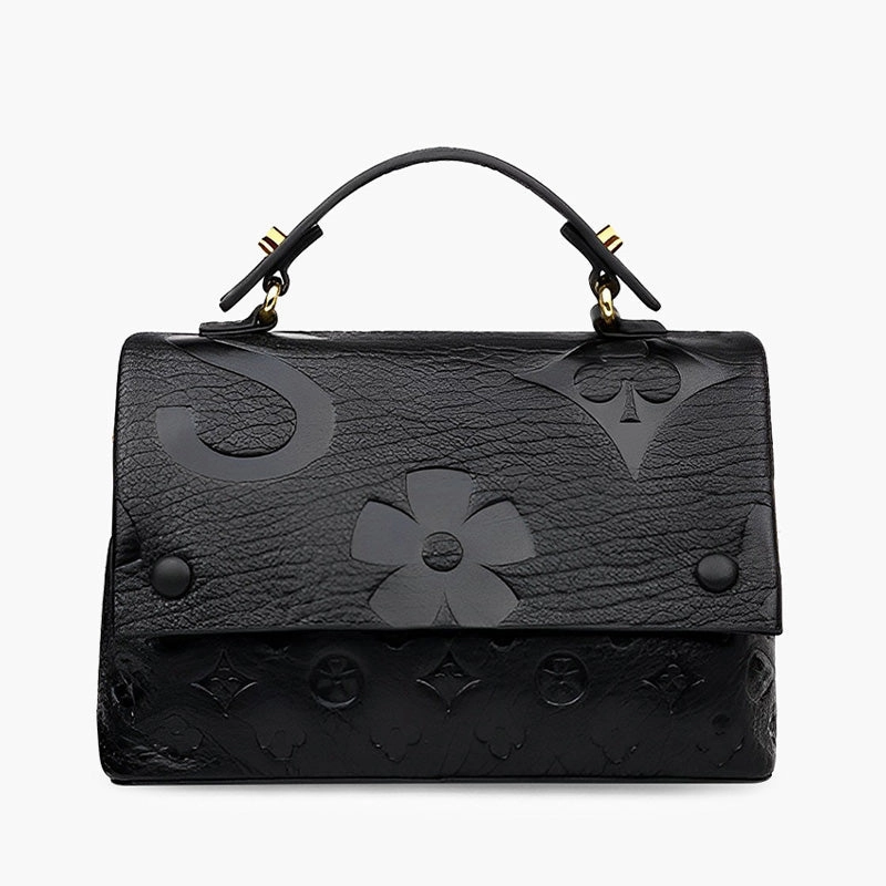 Timeless Outfit Runway Inspired Black Embossed Pattern Top Handle Bag - Unique & Chic