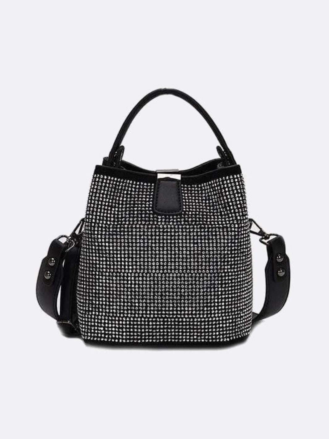 Daily Essential Black Rhinestone Bucket Bag ?C Sparkly Evening Shoulder Bag