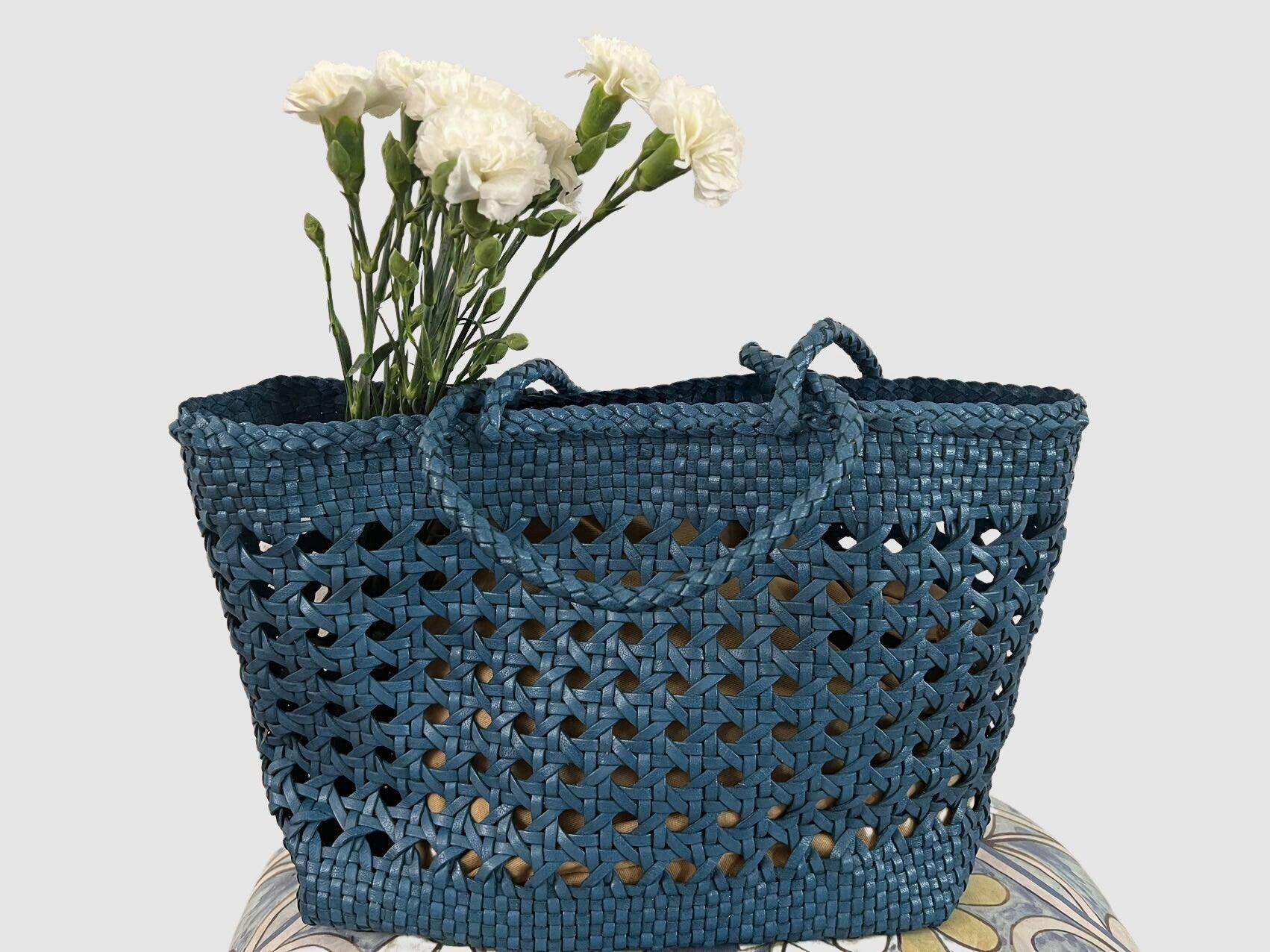 Urban Function Blue Genuine Leather Hand Woven Cuboid Shaped Ladies TOTE, Open Rattan Woven Triple Jump Bamboo Ladies Hobo Holiday Bag, Beach Basket Bag