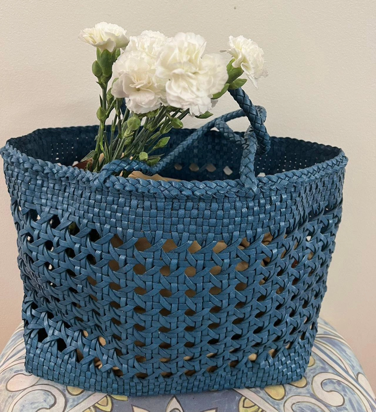 Blue Genuine Leather Hand Woven Cuboid Shaped Ladies TOTE, Open Rattan Woven Triple Jump Bamboo Ladies Hobo Holiday Bag, Beach Basket Bag Compact Storage Lightweight Journey