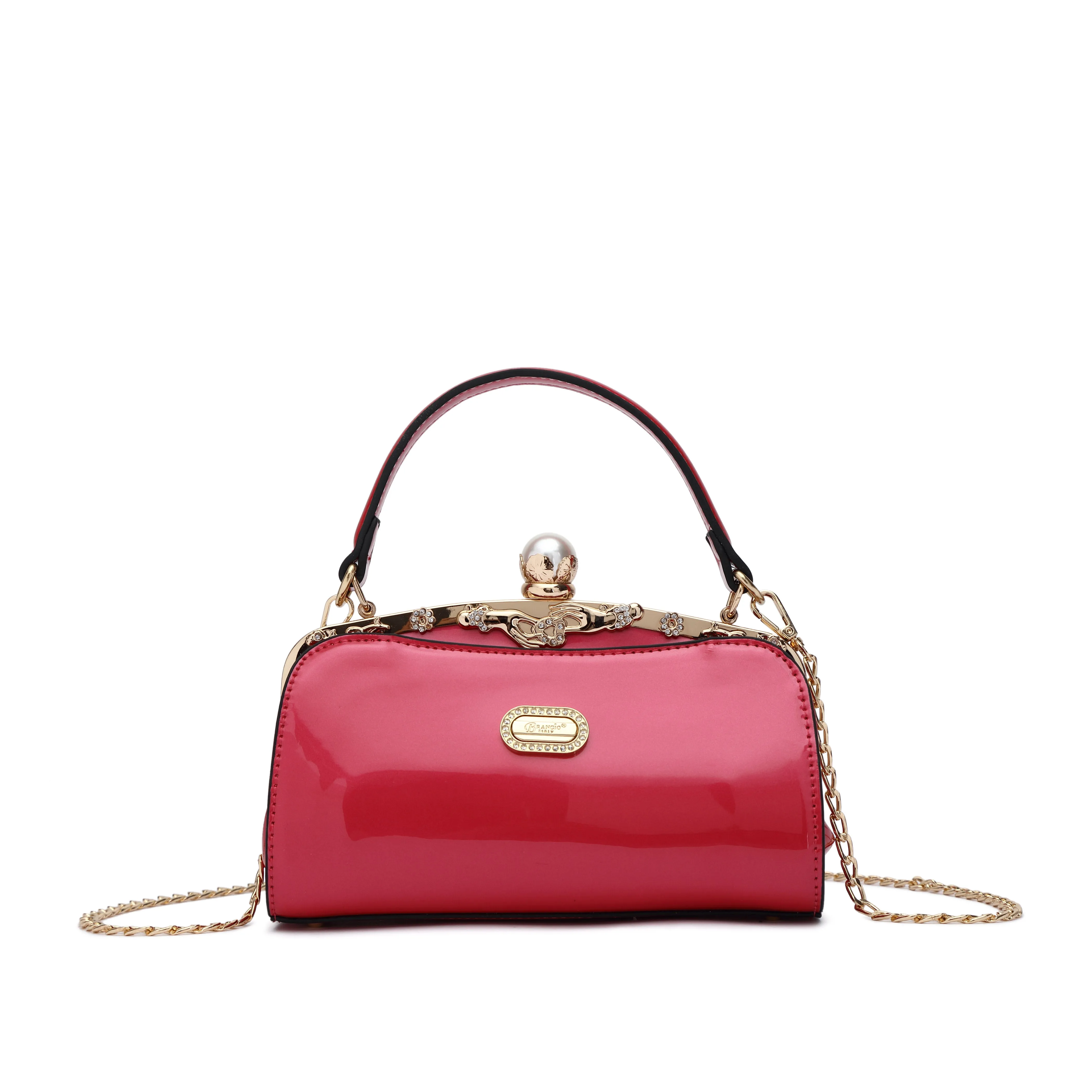 Brangio Italy Convertible Evening Clutch ?C Olive Green Patent Faux Leather Handbag with Pearl Kiss-Lock, Crystal Trim & Chain Strap | U.S.A. Company Ships from L.A. Bold color handbag