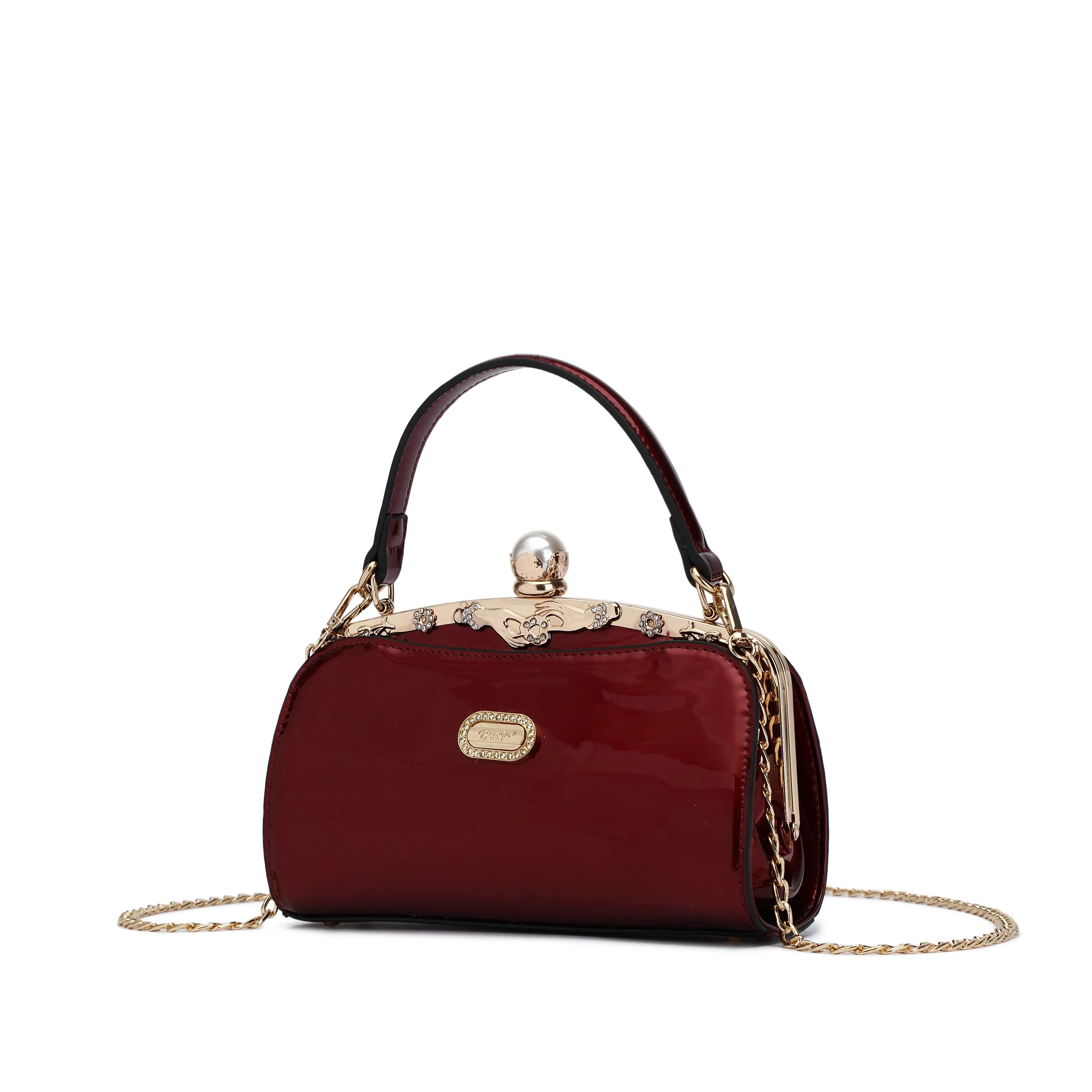 Sophisticated Feel Silver Detail Brangio Italy Convertible Evening Clutch ?C Olive Green Patent Faux Leather Handbag with Pearl Kiss-Lock, Crystal Trim & Chain Strap | U.S.A. Company Ships from L.A.