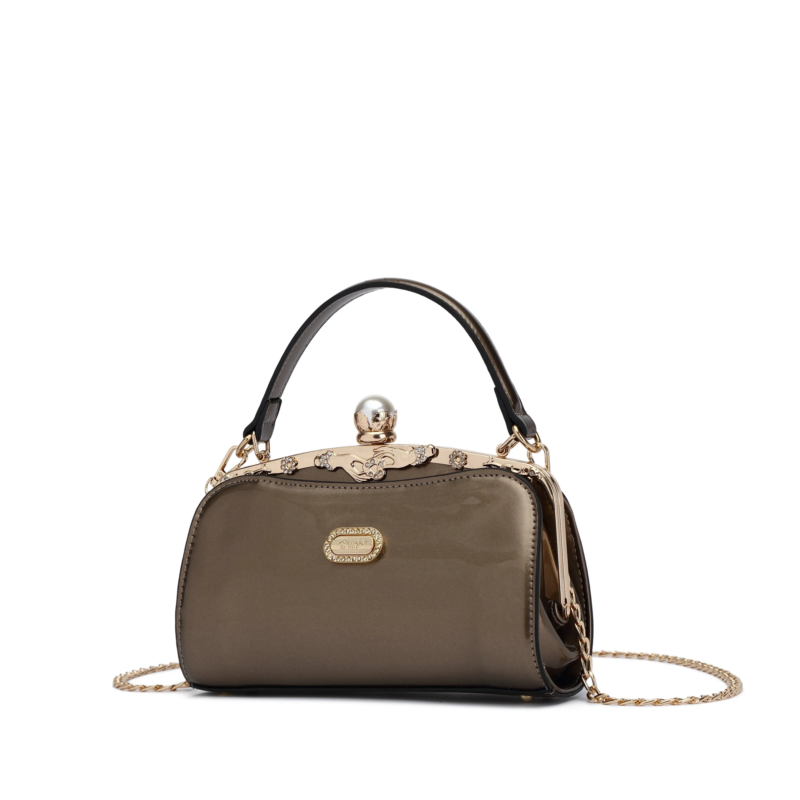 Brangio Italy Convertible Evening Clutch ?C Olive Green Patent Faux Leather Handbag with Pearl Kiss-Lock, Crystal Trim & Chain Strap | U.S.A. Company Ships from L.A. Smart Evening