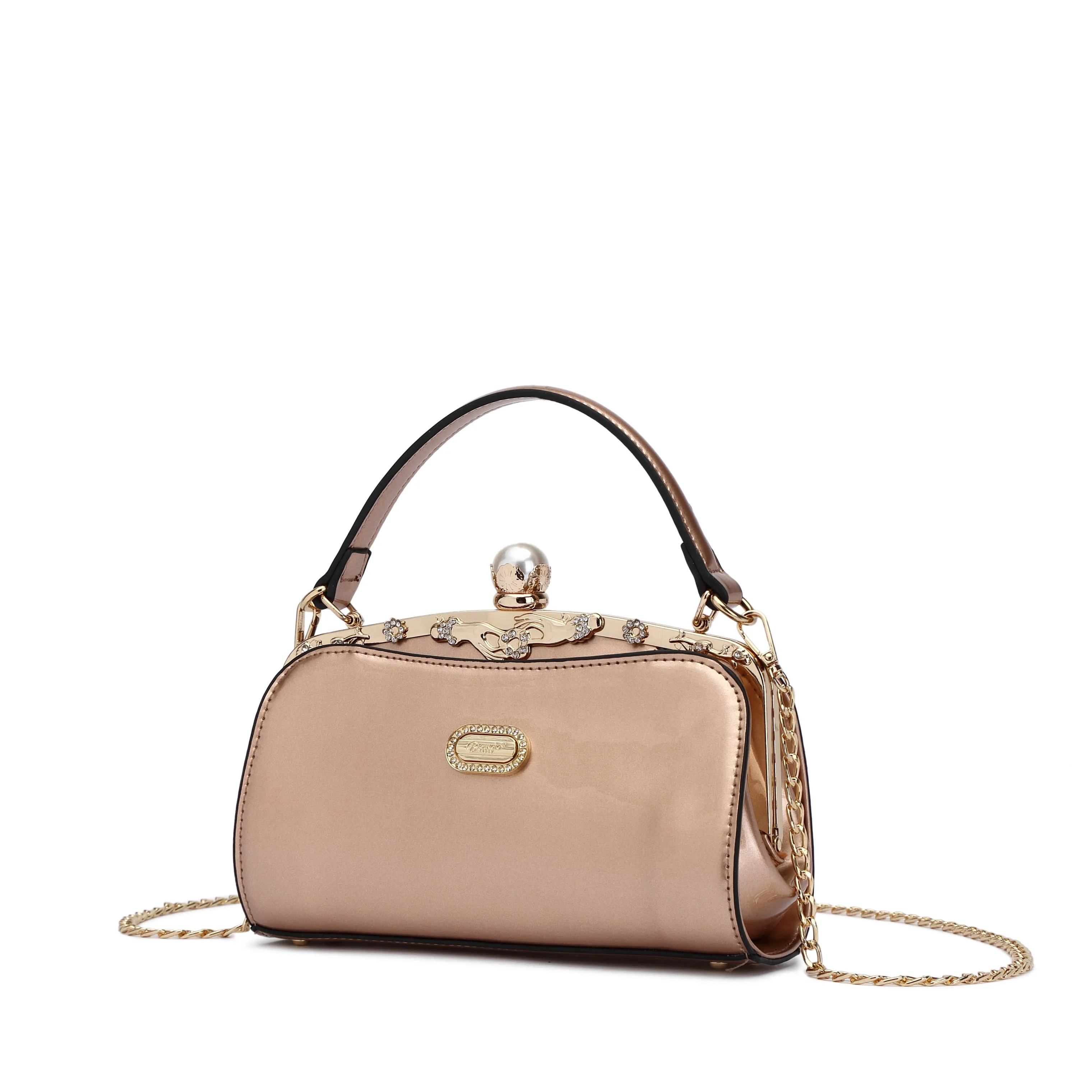 Brangio Italy Convertible Evening Clutch ?C Olive Green Patent Faux Leather Handbag with Pearl Kiss-Lock, Crystal Trim & Chain Strap | U.S.A. Company Ships from L.A. Elegant accessory Contemporary Function