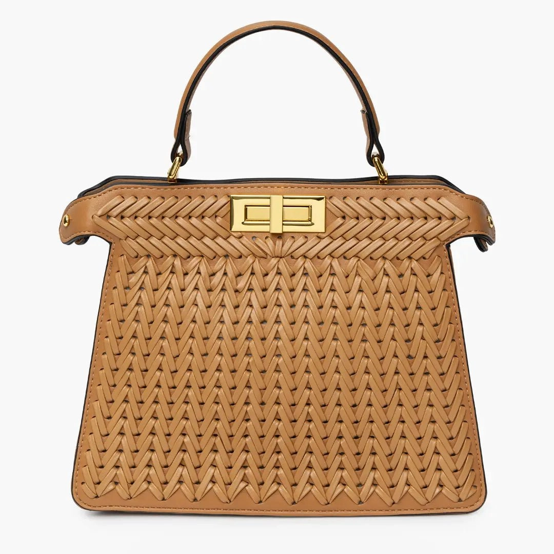 Minimal Detail Isla | Woven Tan Leather Handbag ?C Artisanal Elegance