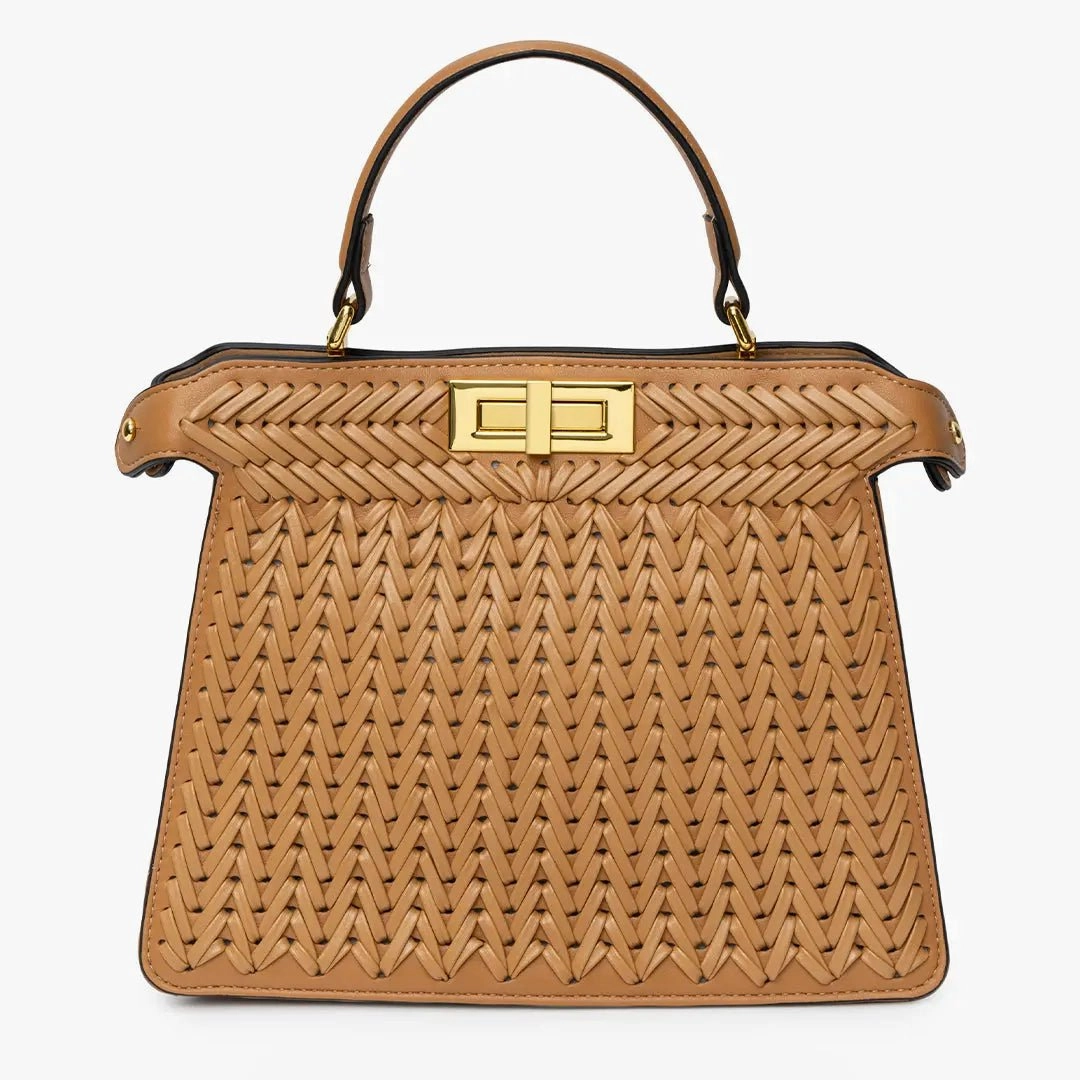 Classic Shape Modern Carry Isla | Woven Tan Leather Handbag ?C Artisanal Elegance