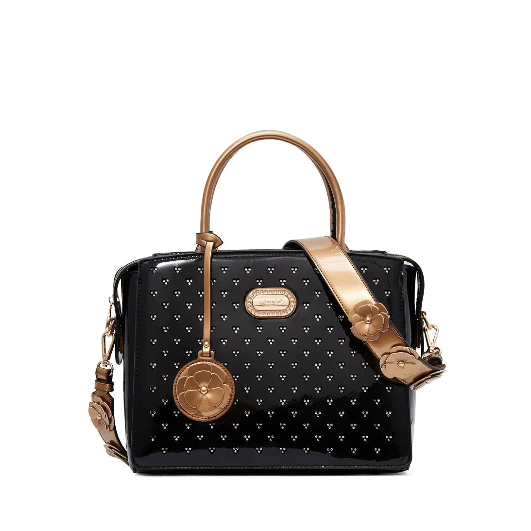 Minimal Aesthetic Luxury Appeal Brangio Glossy Handbag with Floral Accent