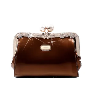 Brangio Italy Golden Elegance Clutch ?C Rose Gold Evening Bag with Pearl Kiss-Lock, Floral Crystal Embellishments & Chain Strap | U.S.A. Company Ships from L.A. Soft color Outdoor Leisure